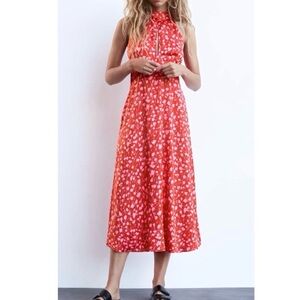 Zara Red Floral Satin Effect Halter Neck Tie Back midi dress
